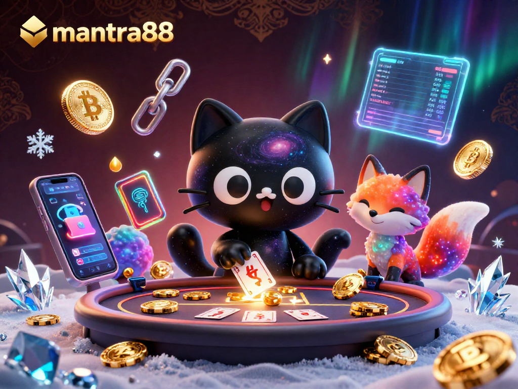 Engage with mantra88 at a cosmic casino table featuring a black hole cat and a nebula fox.