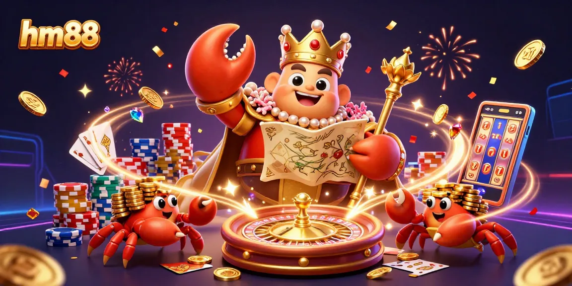 Enjoy defeating the 3D golden crab emperor at HM88 amidst cascading coins and thrilling casino games.