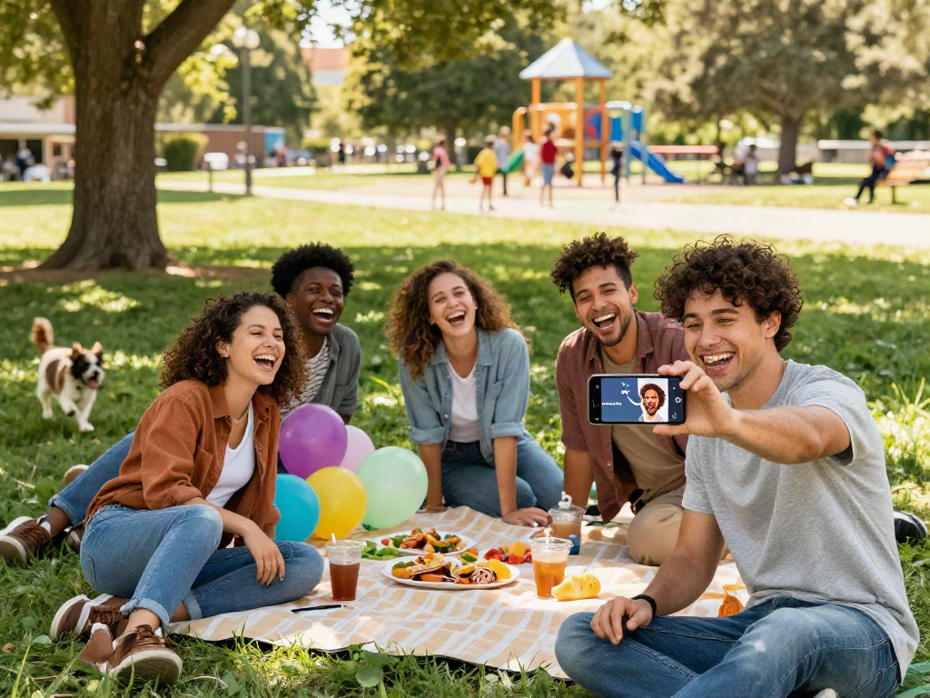 Group of friends discovering "how old do I look" using an age estimator app in a lively park setting.