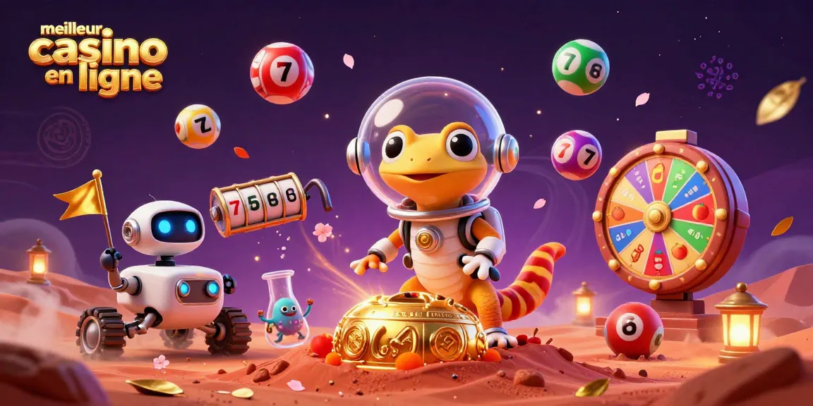 Illustration vibrante représentant un gecko martien découvrant le meilleur casino en ligne sous le sable martien.