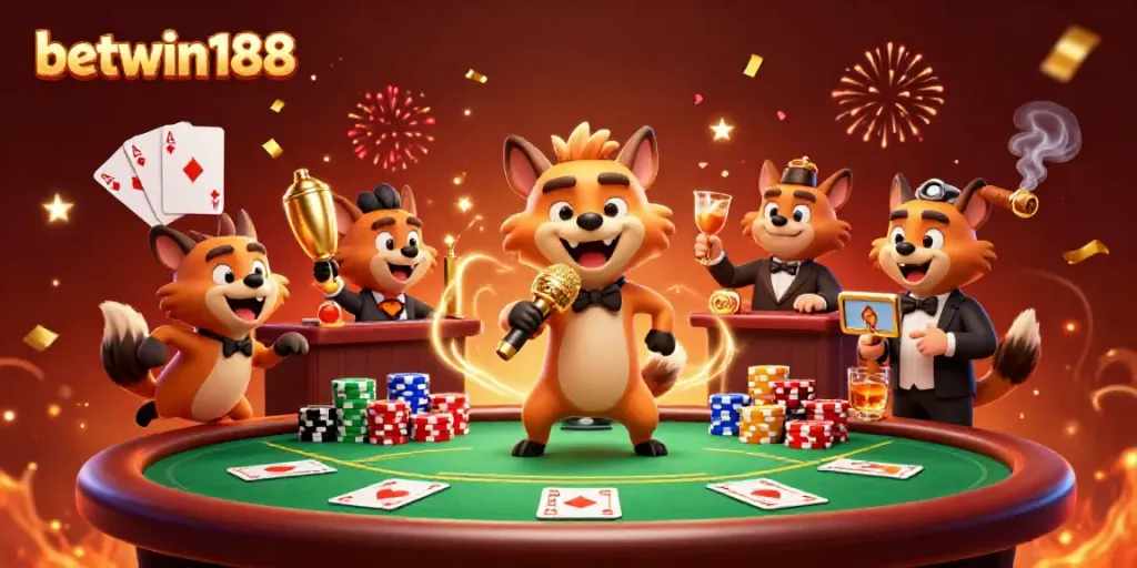 Ilustrasi kasino satir dengan hyena, menampilkan aksi menarik dan elemen permainan poker, betwin188.