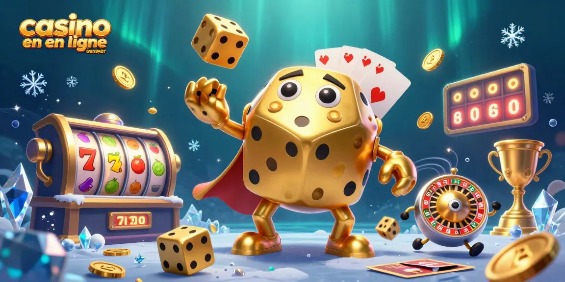 Jouez dans un casino en ligne sans wager avec un golem de dés dorés et des éléments de machine à sous animés.