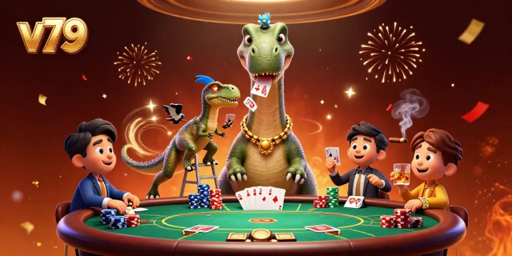 Experience thrilling poker action at v79 with a giant brontosaurus overseeing a bustling casino scene.