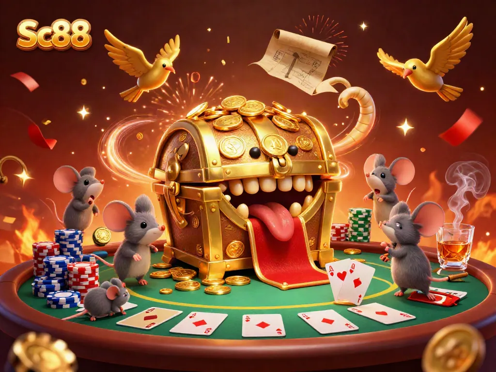 Engage with Sc88's vibrant poker gameplay, featuring a treasure chest and colorful chips in a festive casino scene.