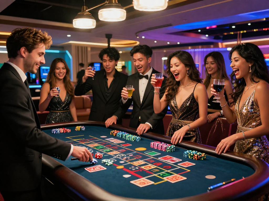 Experience the thrill of net88 bet in a lively casino atmosphere with friends celebrating wins.