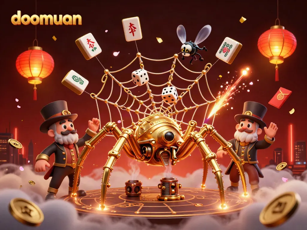 Experience the thrilling world of doomuan, where a golden spider weaves its web of luck with dice and poker chips.