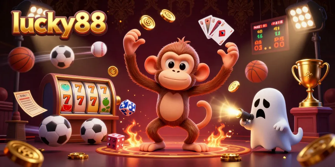 Engage with the lucky88 haunted casino scene featuring a playful poltergeist monkey and a ghost-hunter puppy.