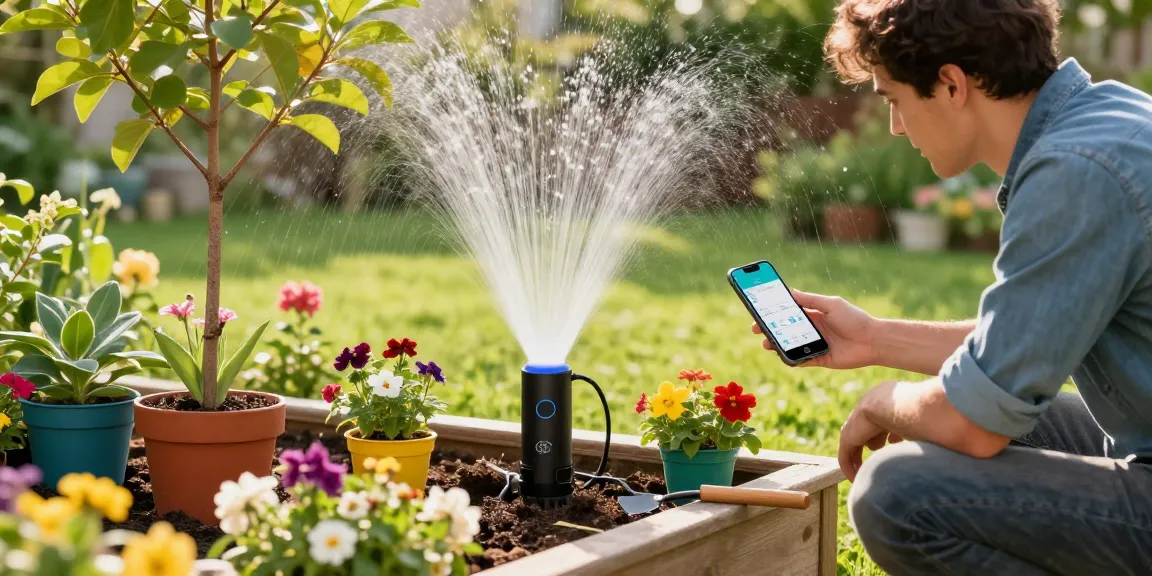 Gardener using a wifi sprinkler controller to automate watering plants in vibrant garden.