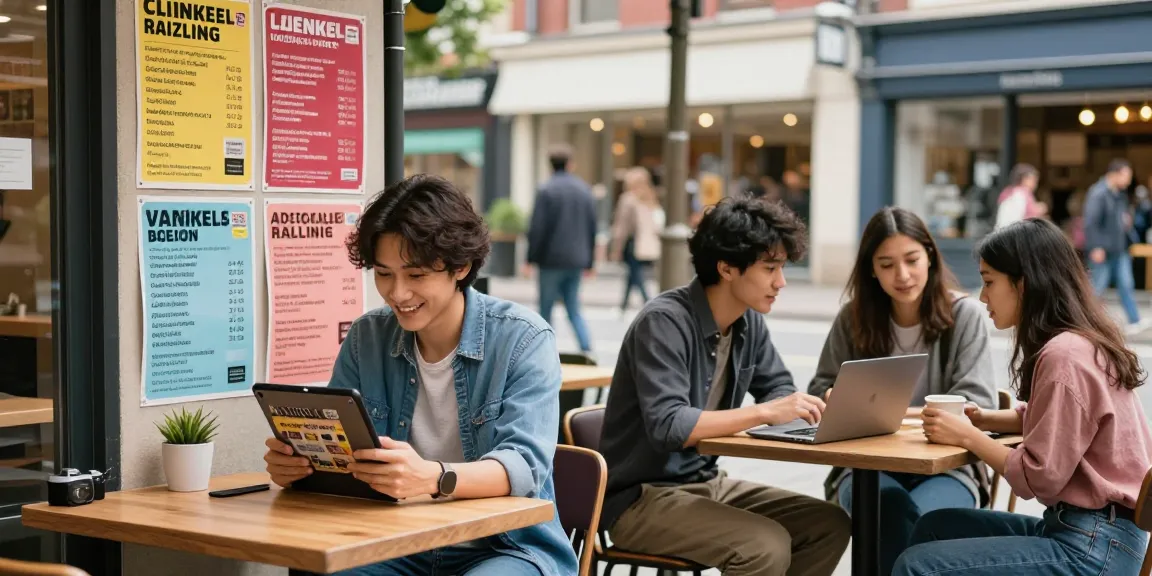 Bedpersonal community members engaging in local classifieds activities at a vibrant urban café.