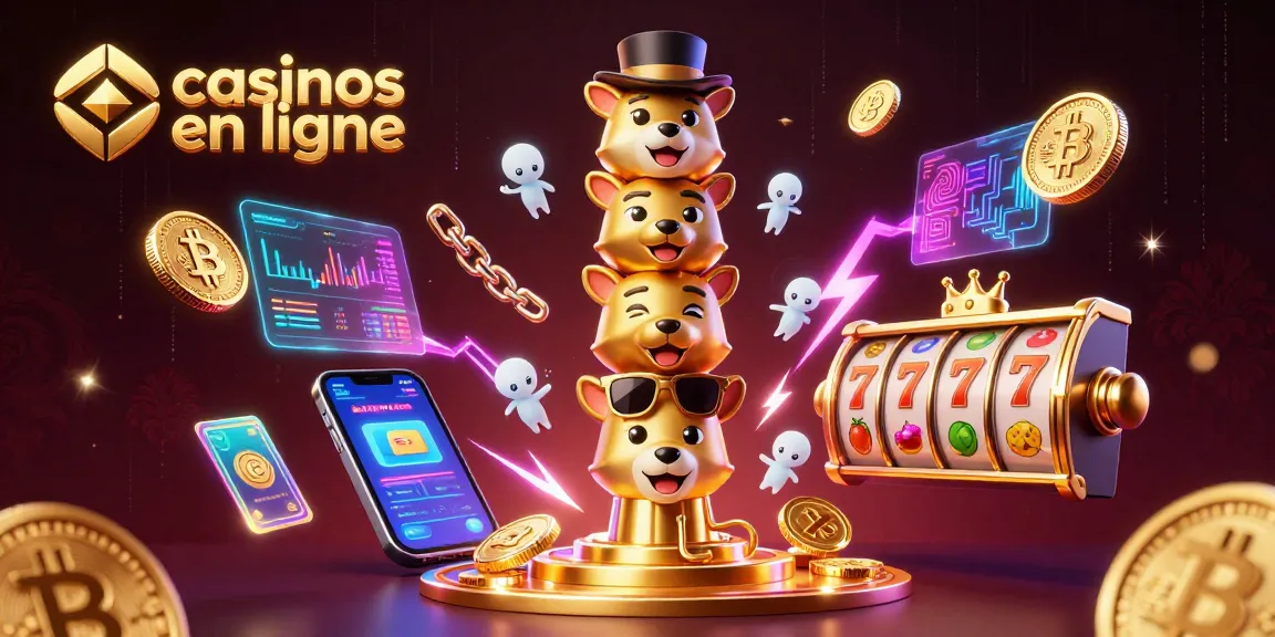 Illustration colorée promouvant des casinos en ligne avec des jetons Bitcoin et Ethereum
