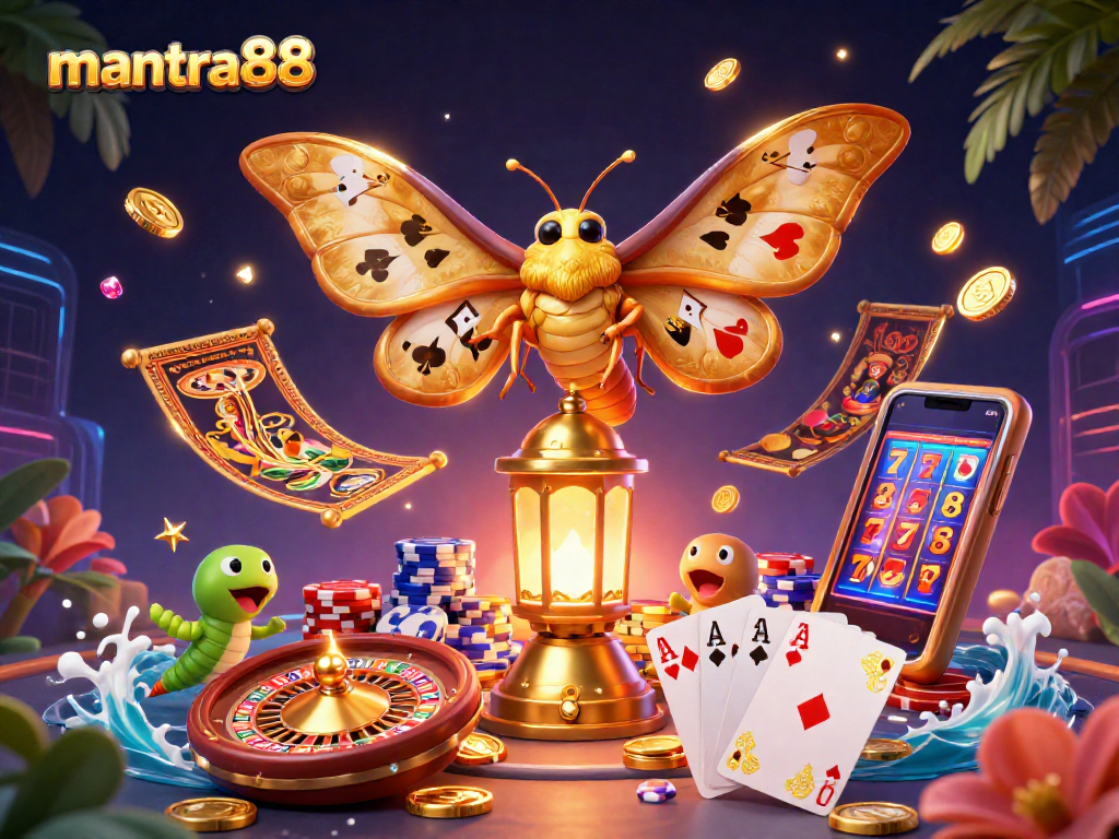 Experience thrilling gameplay at mantra88 with a vibrant casino illustration featuring card suits, coins, and gems.