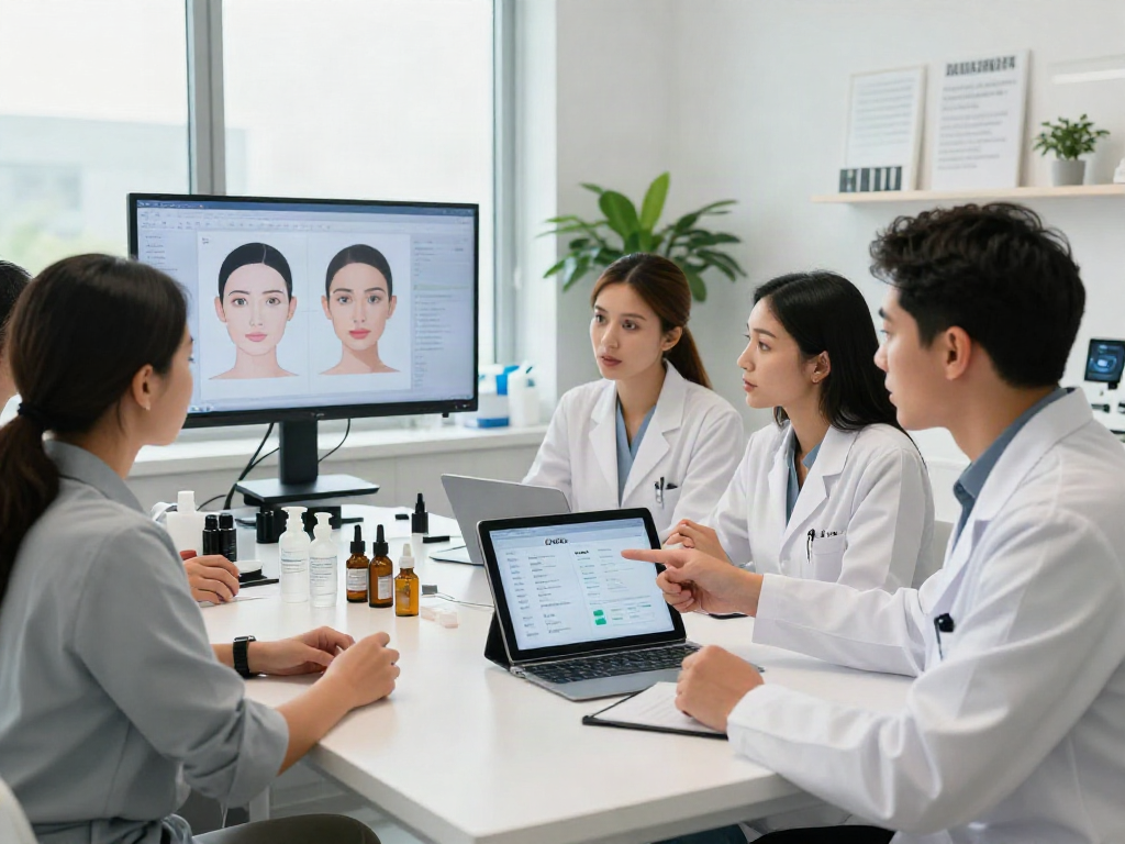 Beauty analysis professionals discussing ClinicEvo vs QOVES with digital reports and skincare products in a modern workspace.
