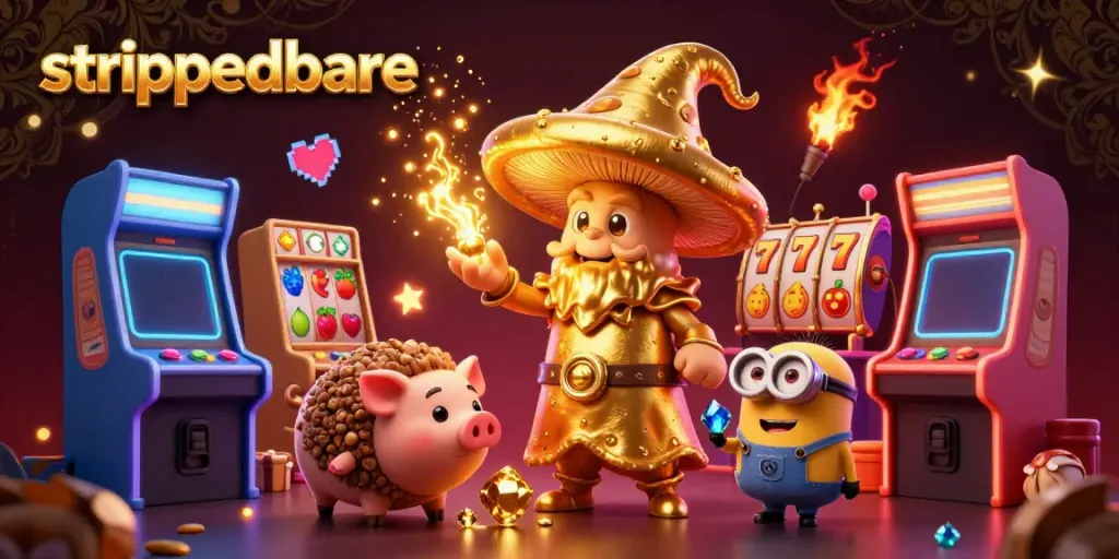 Permainan slot bertema strippedbare yang menampilkan penyihir jamur emas dan simbol keberuntungan di kasino.
