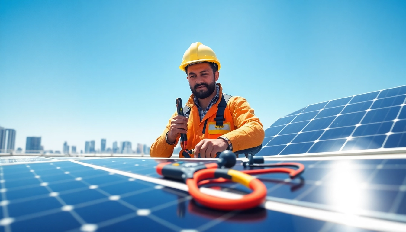 Technician conducting emergency solar panel repair on a rooftop, showcasing efficiency and expertise.