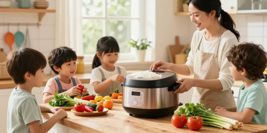 Family cooking rice in a rice cooker in a sunny kitchen.