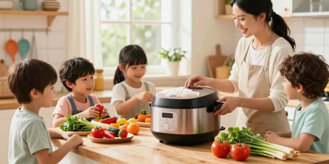 Family cooking rice in a rice cooker in a sunny kitchen.