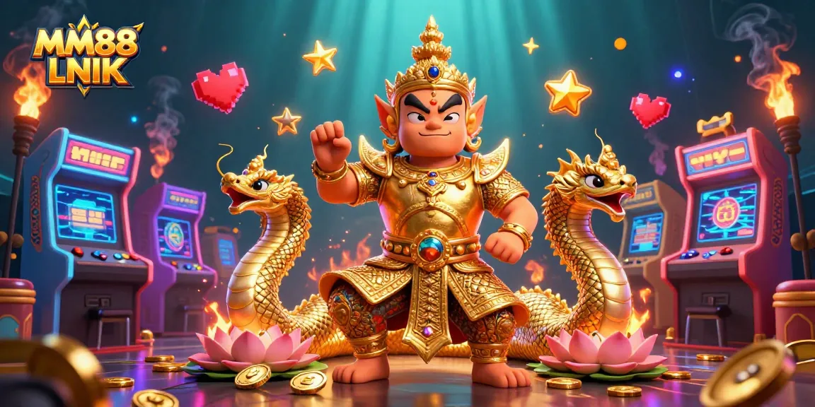 Engage with exciting games at MM88 LNIK, showcasing vibrant casino elements and dynamic 3D characters.