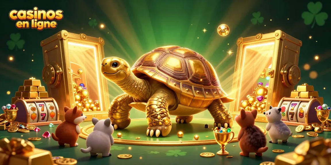 Plongez dans l'univers des casinos en ligne avec une tortue dorée ludique entourée de trésors scintillants.