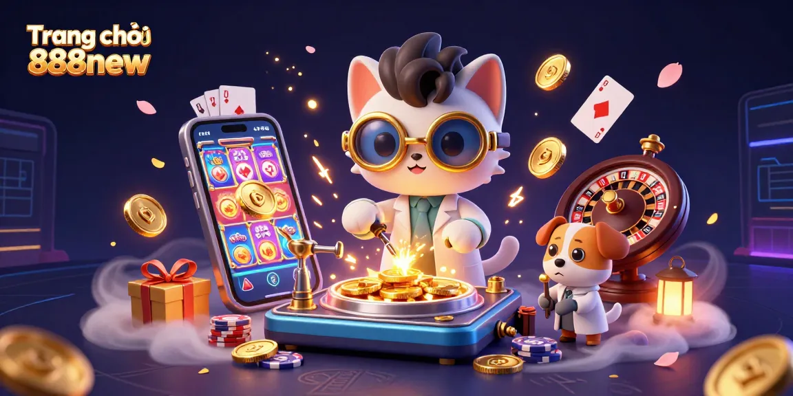Win big with Trang chủ 888new in a vibrant 3D casino scene featuring a mad scientist cat and dog amidst dynamic gaming elements.
