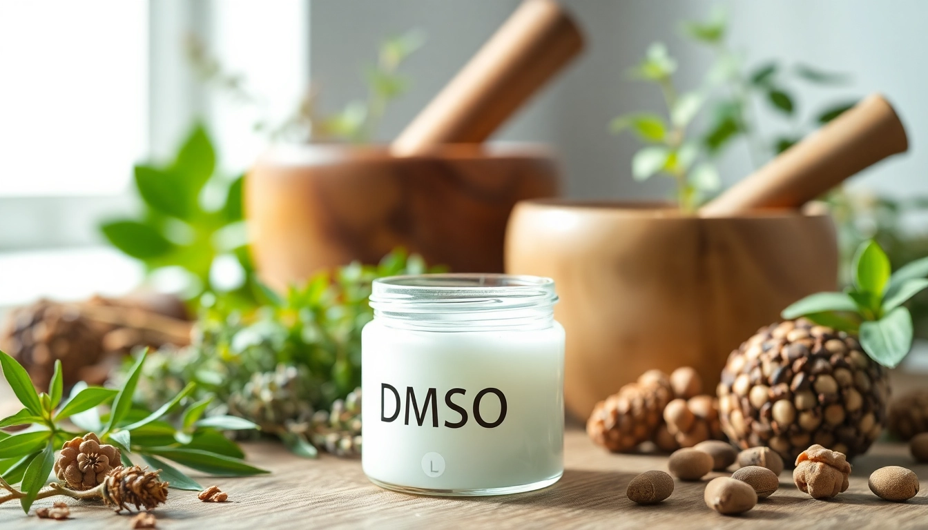 Apply dmso gel for natural healing surrounded by herbal elements in a bright setting.