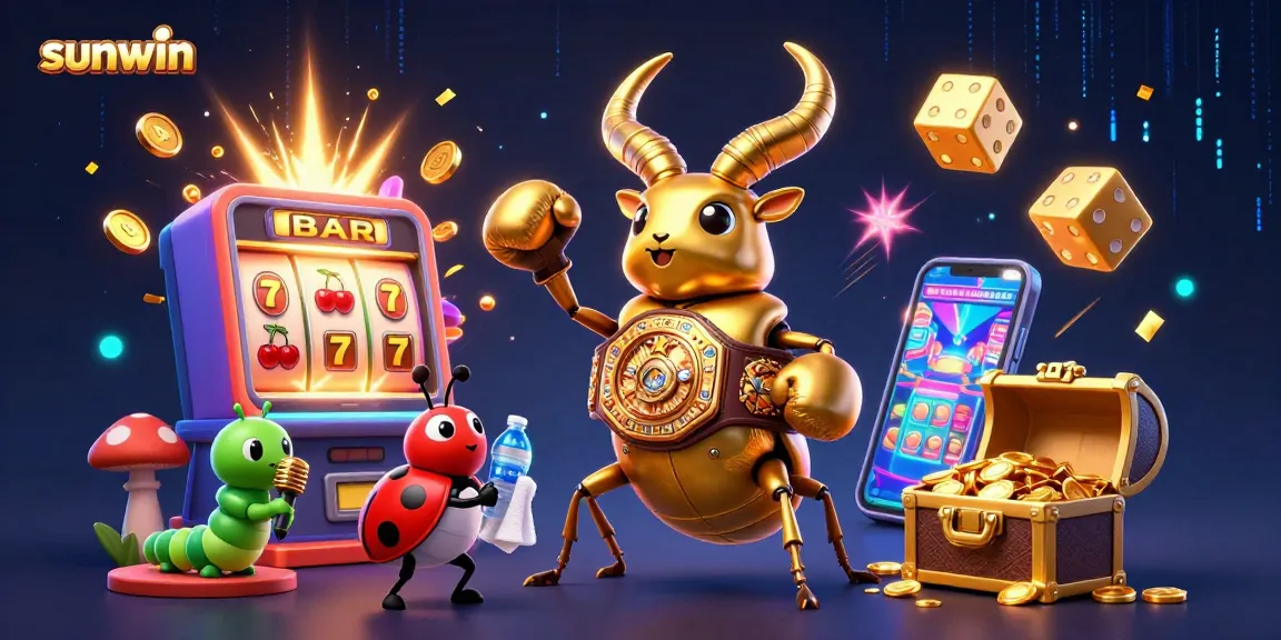 Engage with sunwin's exciting casino scene showcasing a golden stag beetle champion amidst dynamic slot machines.