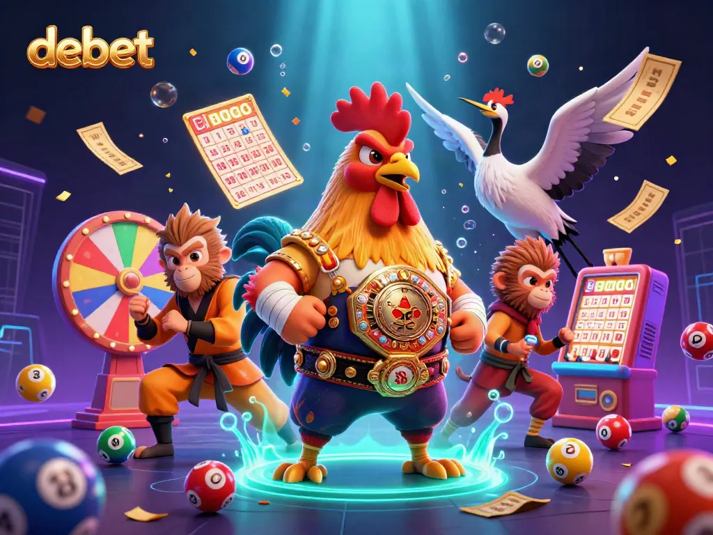Experience the excitement of debet with a vibrant 3D casino scene featuring a Muay Thai rooster and more.