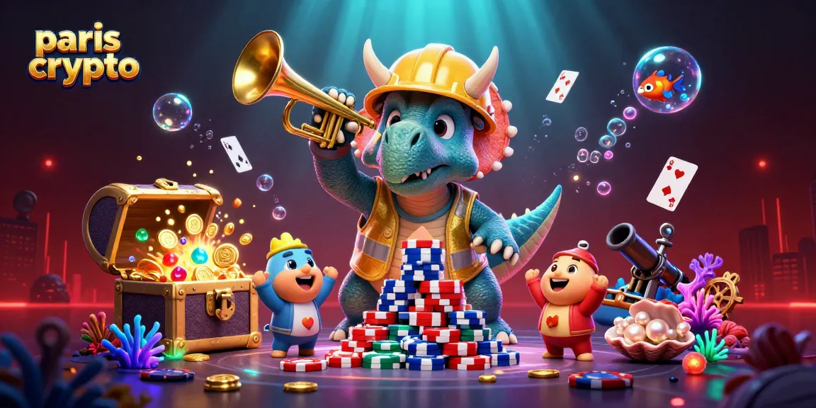 Experimentez les paris crypto dans une scène festive avec un triceratops et des éléments colorés de jeu.