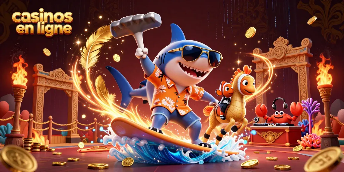Plongez dans les casinos en ligne avec un requin marteau surfeur entouré de pièces d'or et d'un fond vibrant.