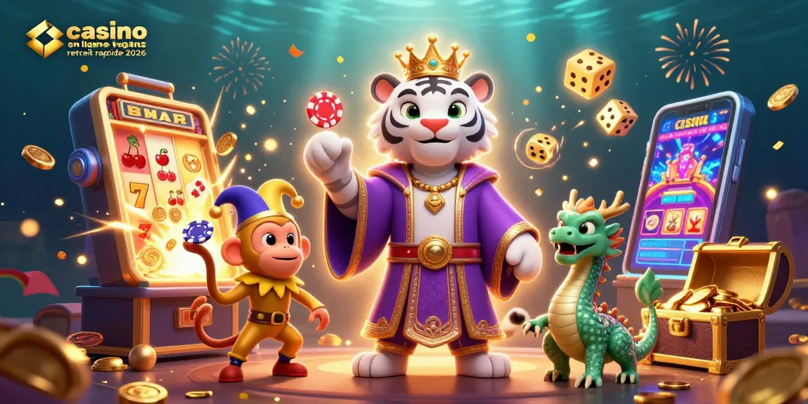 Visuel captivant du casino en ligne retrait rapide 2026 avec un tigre blanc élégant, un singe jonglant et une explosion de gains.