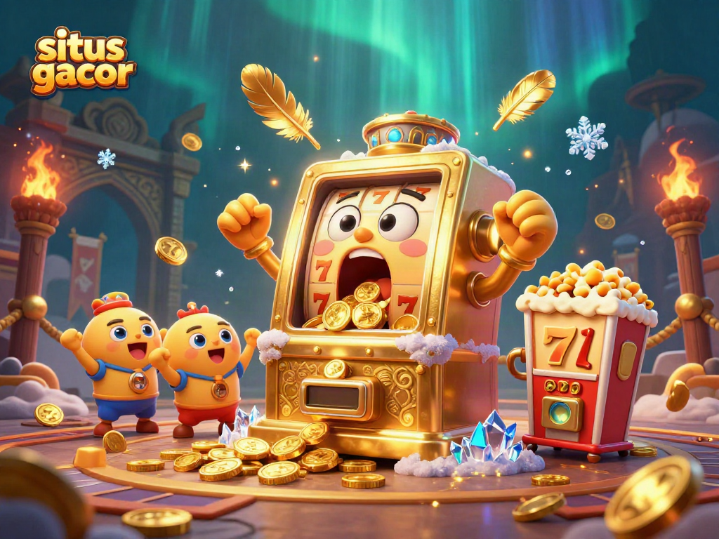 Experience the thrill of situs gacor with a golden slot machine celebrating its jackpot, coins flying around.