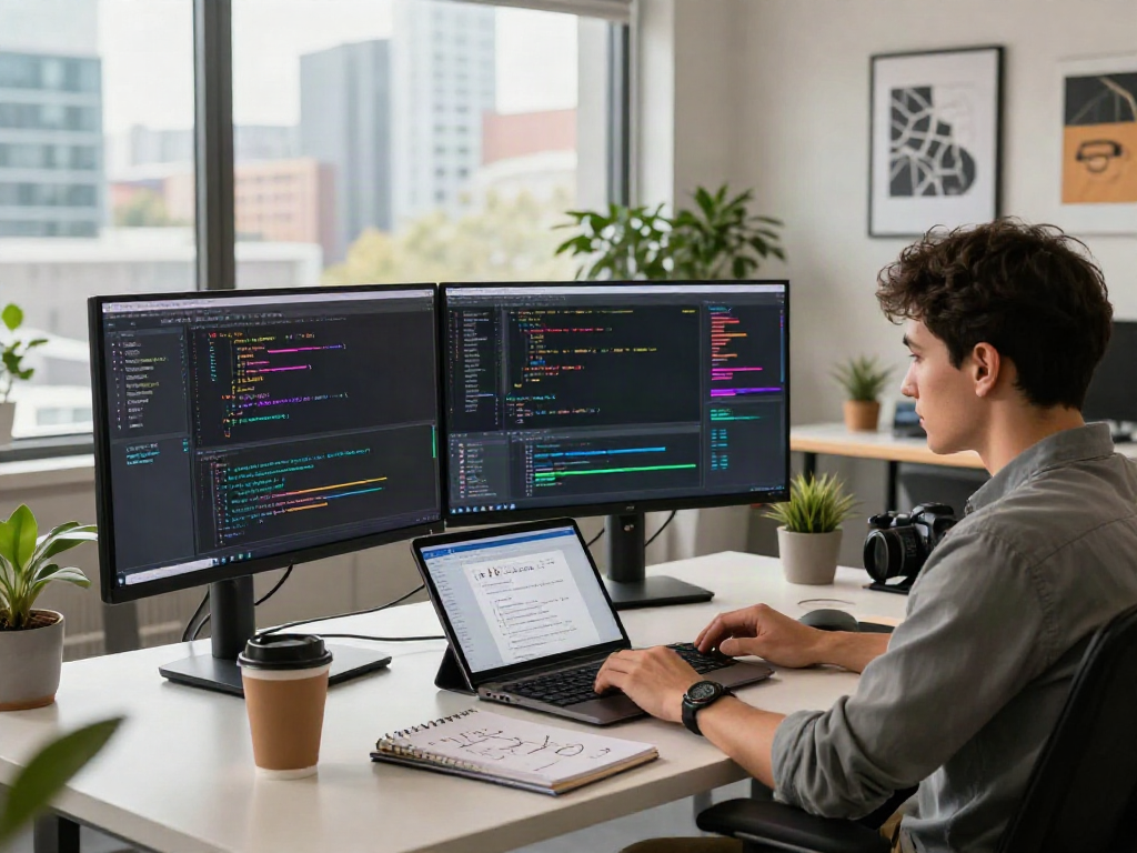 Developer in a tech workspace showing code and design elements, illustrating the theme of crush on software innovation.