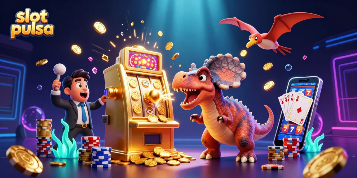 Permainan slot pulsa dengan kepala pachycephalosaurus yang membenturkan mesin slot emas menghasilkan koin jackpot yang terbang.
