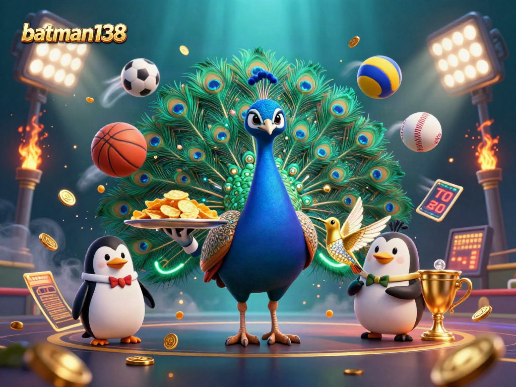 Engage in thrilling gameplay at batman138 with majestic peacock, butler penguin, and golden hummingbird in a vibrant casino scene.