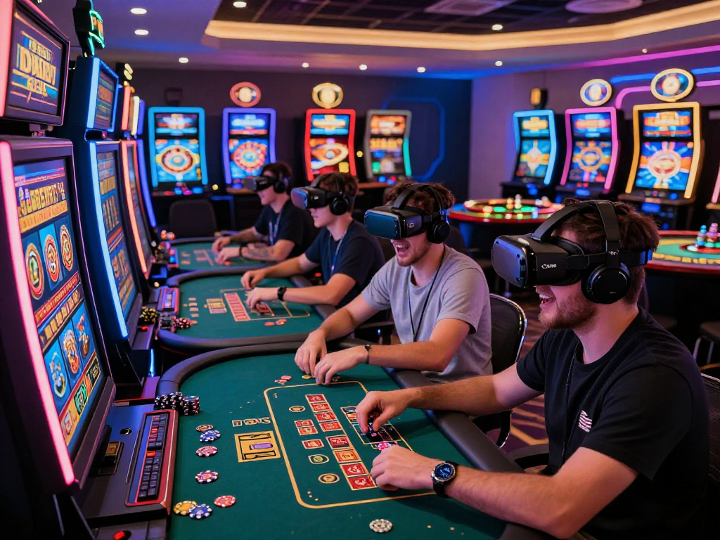 Exciting gaming atmosphere in a crypto casino with players on digital slot machines and VR technology, neon lights reflecting the thrilling experience.