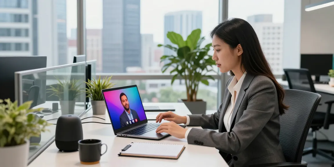 Professional in video conference at NAGA2000 workspace with modern decor