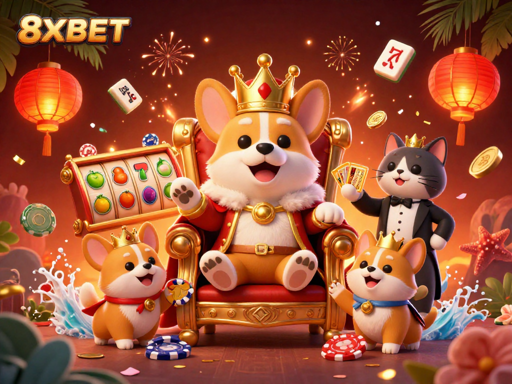 Engage with 8XBET's vibrant gaming world featuring a royal corgi on a poker throne with dynamic casino elements.
