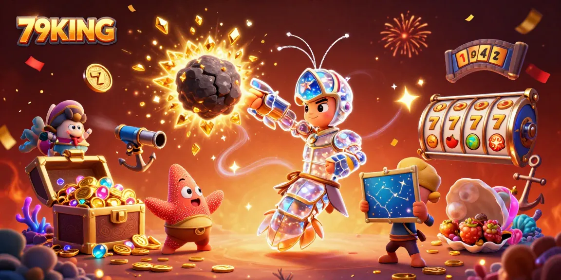79KING players enjoy the excitement of a 3D galactic casino scene with vibrant treasures and games.