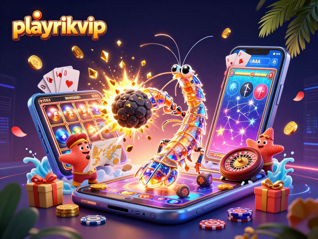 Engage with playrikvip as the galactic shrimp strikes gemstones and coins in a vibrant casino scene.
