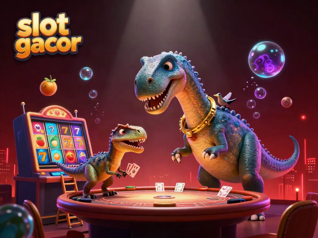 Slot gacor: ilustrasi kasino dengan brontosaurus dan raptor memukau.
