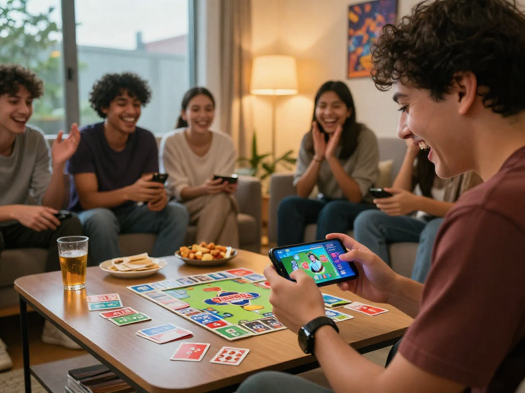 Engaging young adult playing ramble rummy on smartphone with friends in cozy living room.