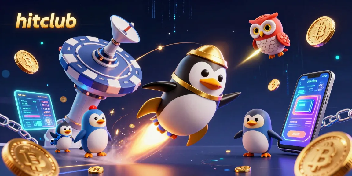 Hitclub penguin navigates a vibrant digital casino universe, ideal for crypto gaming enthusiasts.