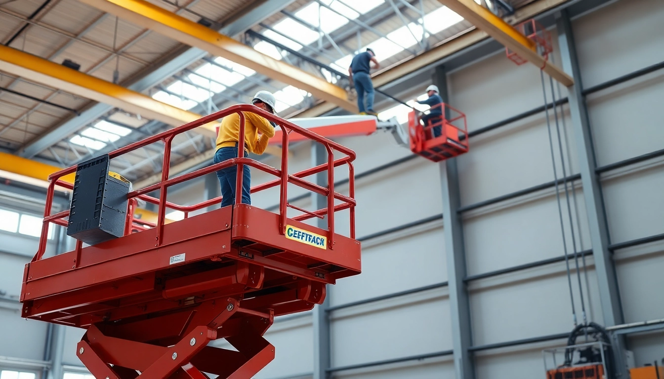 Workers operating a cherry picker for maintenance tasks at height.