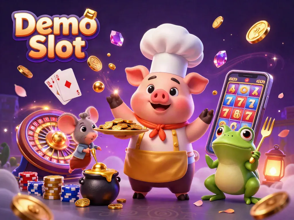 Spin and win with Demo Slot: A lively casino scene featuring vibrant game elements and characters.