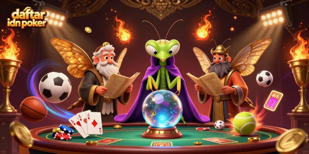 Experience daftar idn poker with a mystical scene of fortune teller and poker elements.