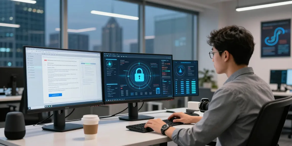 Cybersecurity analyst using a document fraud detection solution in a modern office.