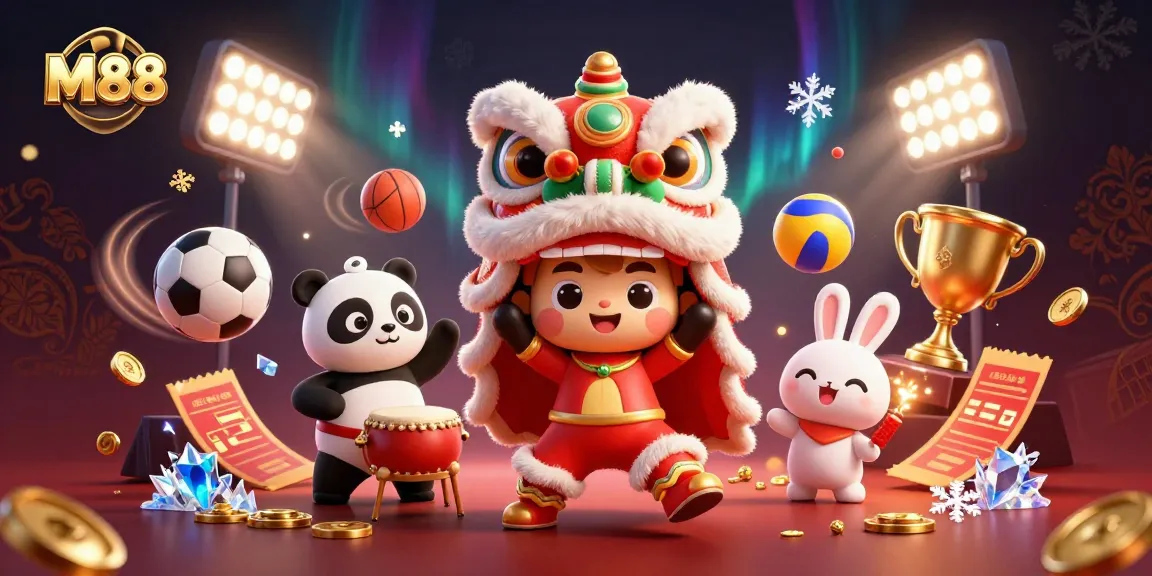 M88 offers exciting gambling experiences with lively characters and dynamic sports elements in this vibrant 3D illustration.