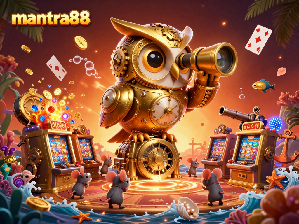 Engage with the mantra88 casino experience featuring a golden owl scanning vibrant gaming action.