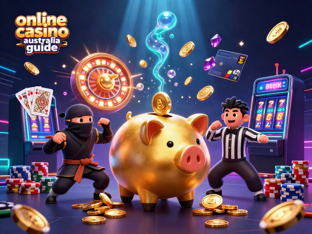Action-packed online casino Australia guide scene with vibrant characters and casino elements.
