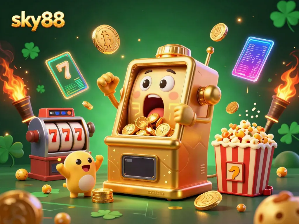 Experience the excitement of sky88 with dynamic slots, coins, and festive characters in this vibrant casino scene.