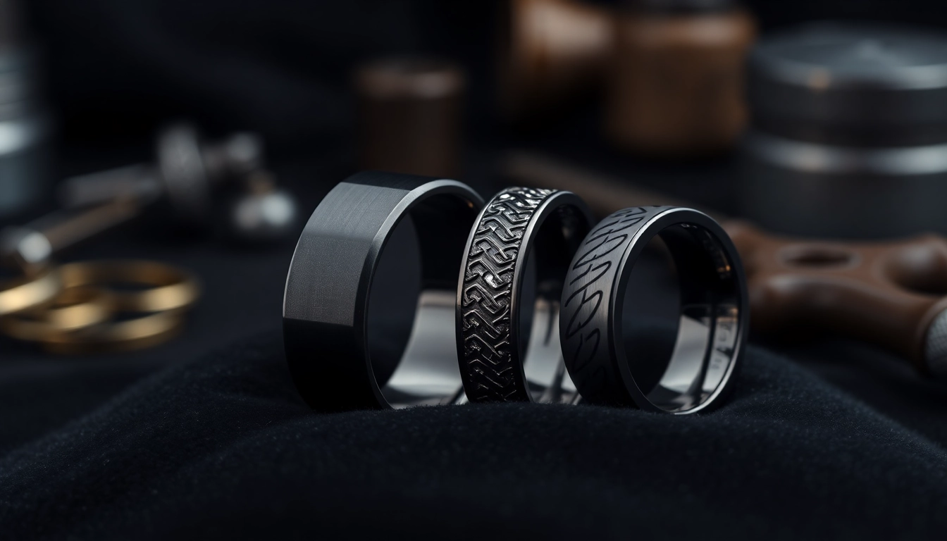 Showcase of Black Zirconium Rings highlighting different designs and textures on a velvet surface.